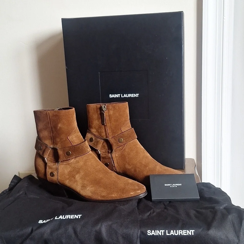 SAINT LAURENT YSL Suede Wyatt Harness Ankle Boots Cognac Size 36 Box Dust Bags